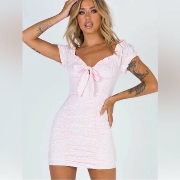 Princess Polly Light Pink Tiny Daisies Print Bow Ruffles Mini Dress Size 2 - Picture 1 of 8